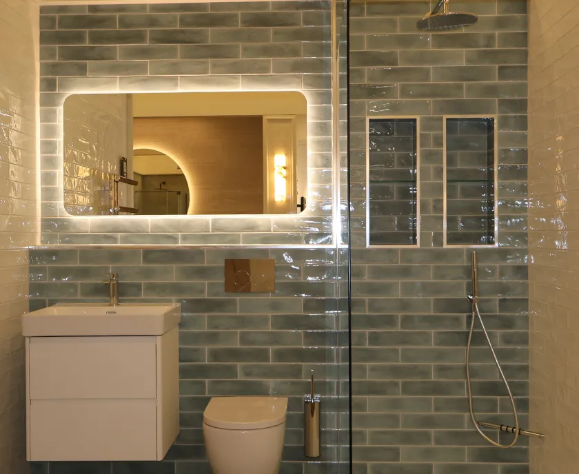 Glossy Blue Tiles & Crisp White Surfaces